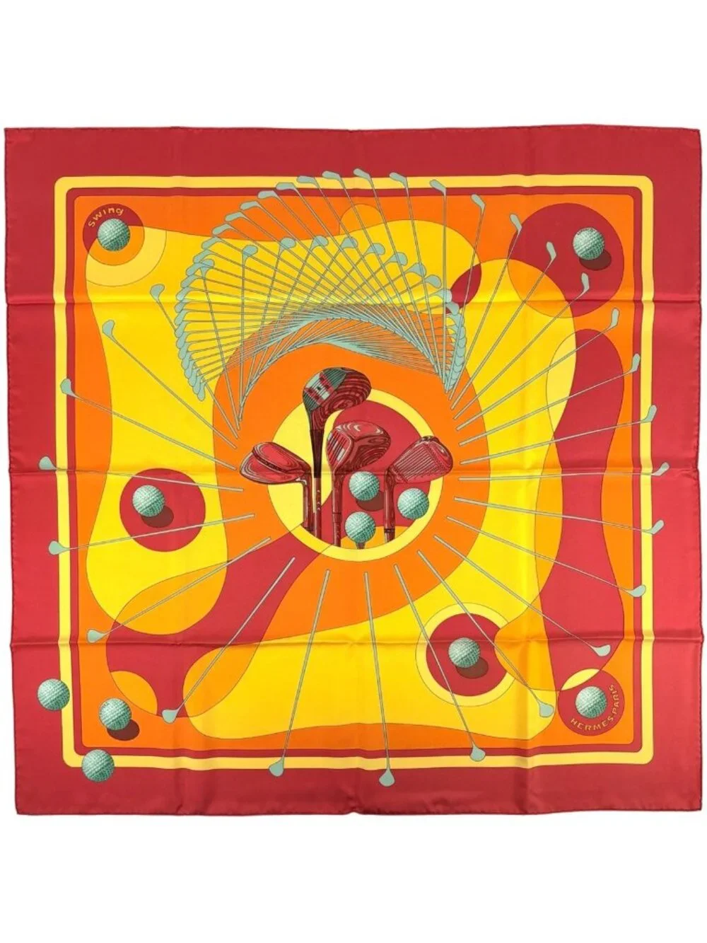 Hermes Carre 90 Swing Golf Club Scarf Silk Red Yellow Multicolor